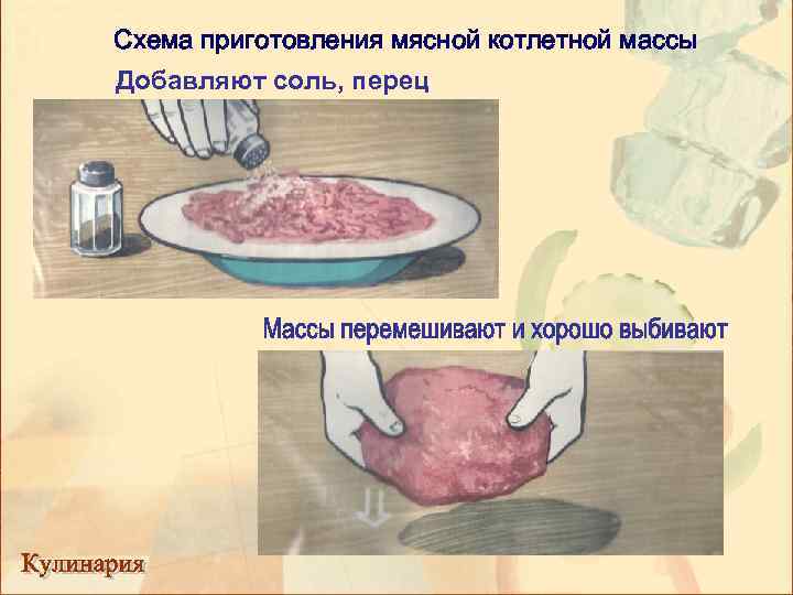 Схема приготовления мясной котлетной массы Добавляют соль, перец 