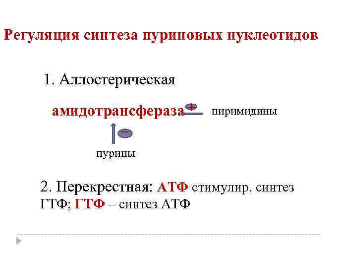 Регуляция синтеза пуриновых нуклеотидов 1. Аллостерическая амидотрансфераза + _ _ пиримидины пурины 2. Перекрестная: