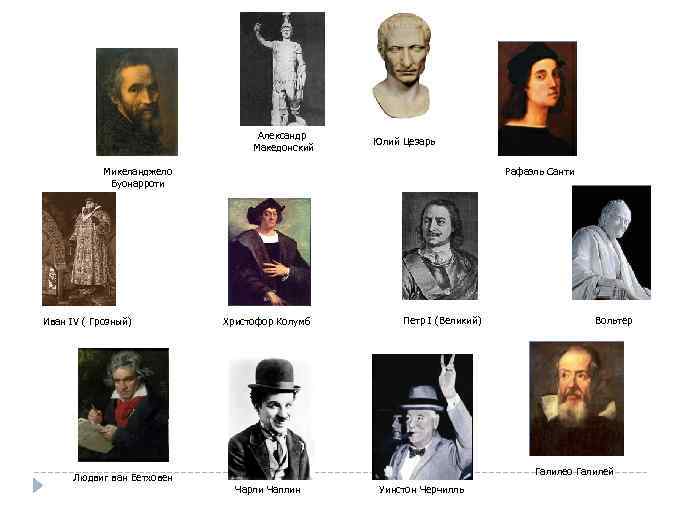 Александр Македонский Юлий Цезарь Микеланджело Буонарроти Иван IV ( Грозный) Людвиг ван Бетховен Рафаэль