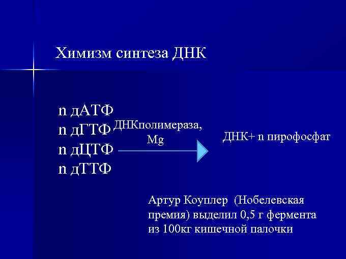 Химизм синтеза ДНК n д. АТФ n д. ГТФ ДНКполимераза, Mg n д. ЦТФ