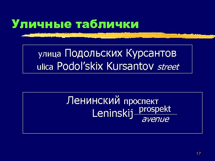 Уличные таблички улица Подольских Курсантов uliсa Podol’skix Kursantov street Ленинский проспект prospekt Leninskij avenue