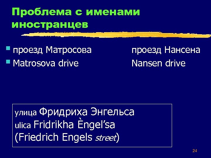 Проблема с именами иностранцев § проезд Матросова § Matrosova drive проезд Нансена Nansen drive