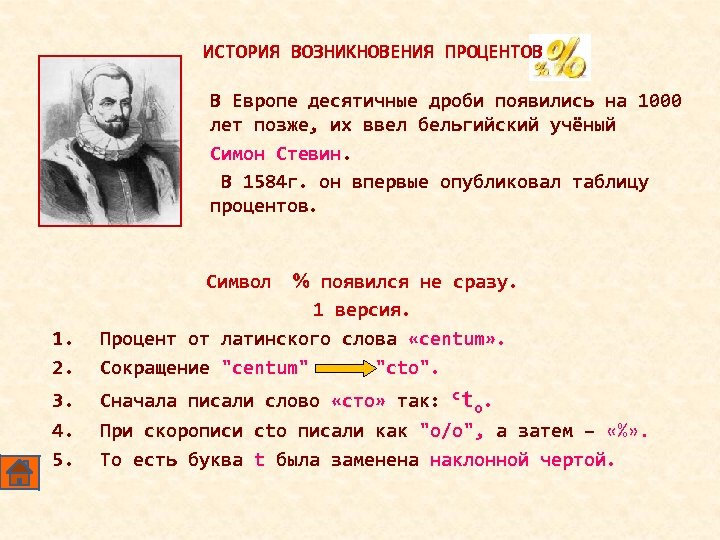 ИСТОРИЯ ВОЗНИКНОВЕНИЯ ПРОЦЕНТОВ В Европе десятичные дроби появились на 1000 лет позже, их ввел