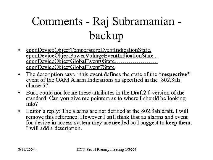 Comments - Raj Subramanian - backup • epon. Device. Object. Temperature. Event. Indication. State,