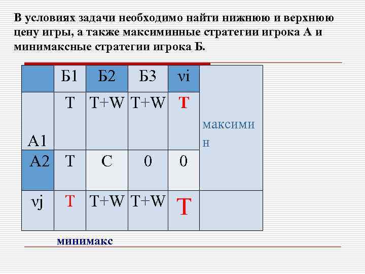 В условиях задачи необходимо найти нижнюю и верхнюю цену игры, а также максиминные стратегии