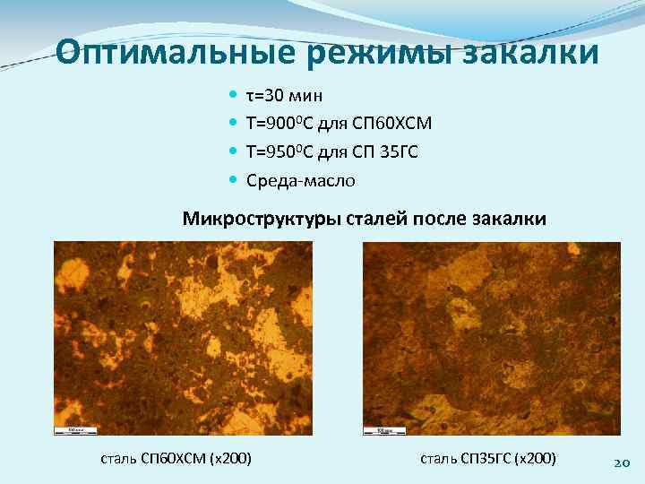 Оптимальные режимы закалки τ=30 мин Т=9000 С для СП 60 ХСМ Т=9500 С для