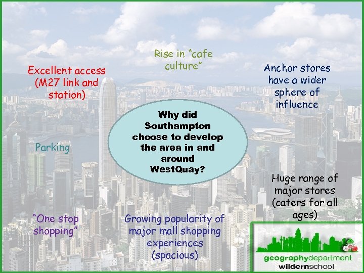 Excellent access (M 27 link and station) Parking “One stop shopping” Rise in “cafe