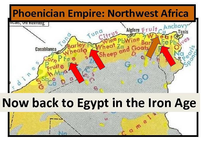 Phoenician Empire: Northwest Africa Copper, Iron, Lead Iron Age Now back to Egypt in