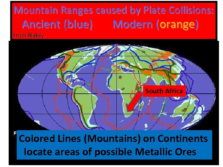Mountain Ranges caused by Plate Collisions: Ancient (blue) From Blakey Modern (orange) South Africa
