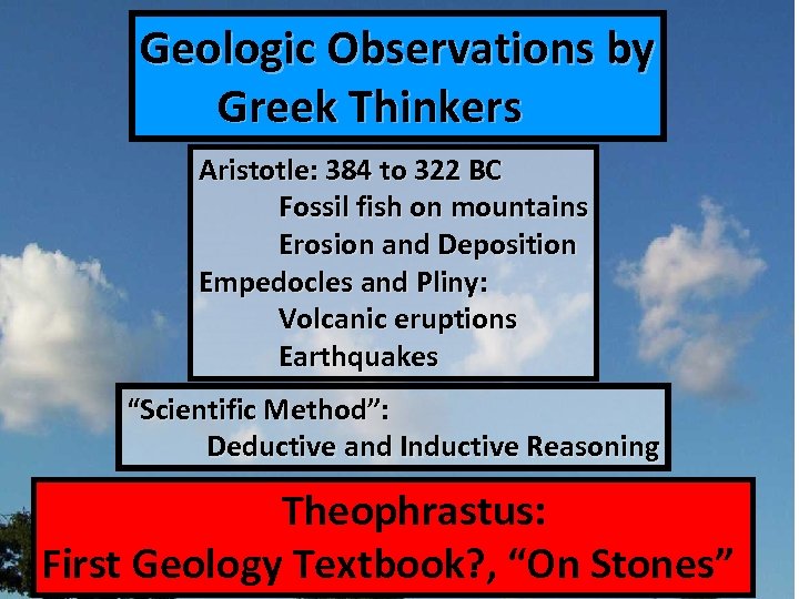 Geologic Observations by Greek Thinkers Aristotle: 384 to 322 BC Fossil fish on mountains