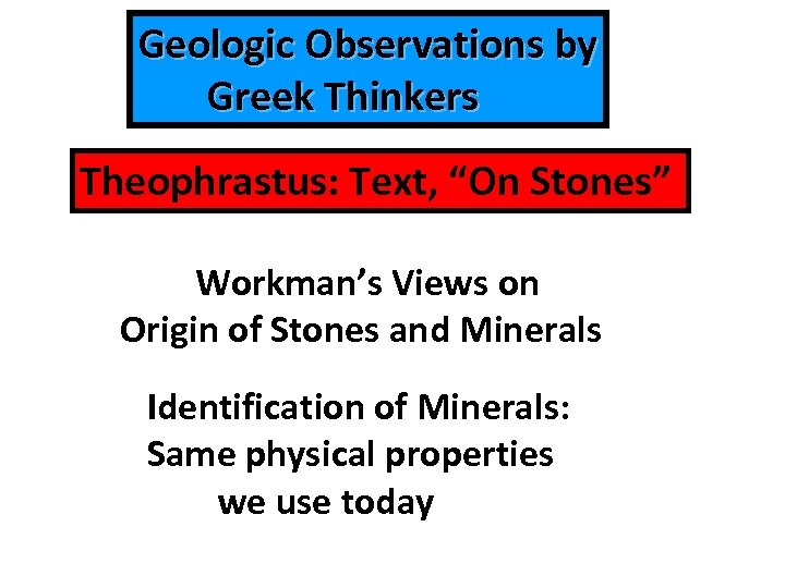 Geologic Observations by Greek Thinkers Theophrastus: Text, “On Stones” Workman’s Views on Origin of