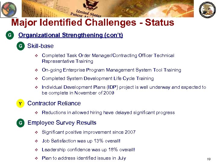 Major Identified Challenges - Status G Organizational Strengthening (con’t) G v Skill-base v v
