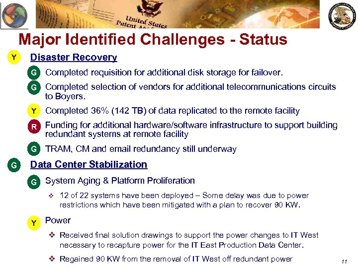 Major Identified Challenges - Status Y Disaster Recovery v Completed requisition for additional disk