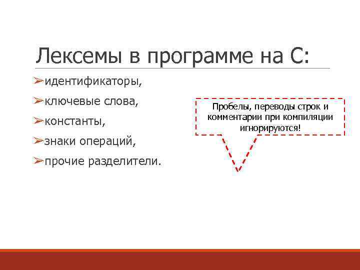 Лексемы в программе на С: ➢идентификаторы, ➢ключевые слова, ➢константы, ➢знаки операций, ➢прочие разделители. Пробелы,