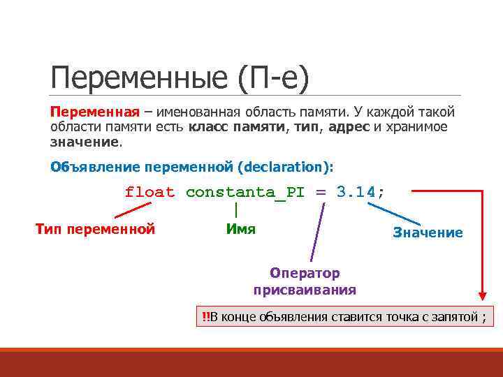Переменные (П-е) Переменная – именованная область памяти. У каждой такой области памяти есть класс
