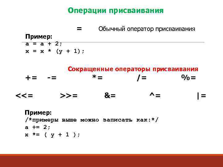 Операции присваивания = Обычный оператор присваивания Пример: a = a + 2; x =