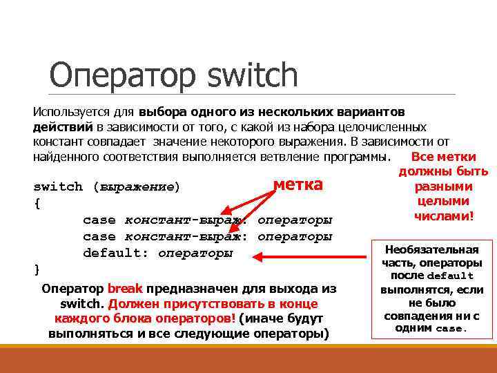 Оператор switch Используется для выбора одного из нескольких вариантов действий в зависимости от того,