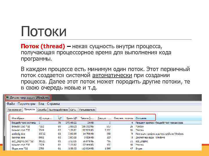 Потоки Поток (thread) – некая сущность внутри процесса, получающая процессорное время для выполнения кода