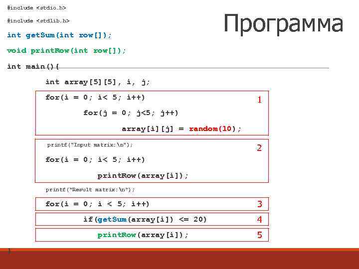 #include <stdio. h> Программа #include <stdlib. h> int get. Sum(int row[]); void print. Row(int