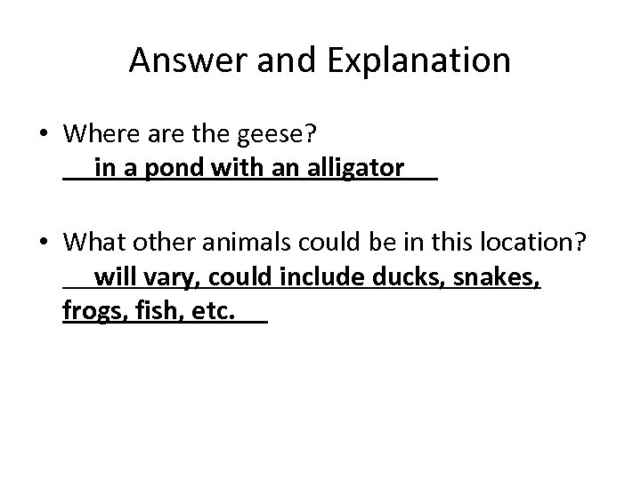 Answer and Explanation • Where are the geese? in a pond with an alligator