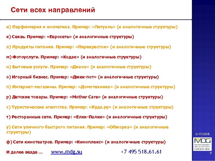 Сети всех направлений и) Парфюмерия и косметика. Пример: «Летуаль» (и аналогичные структуры) к) Связь.