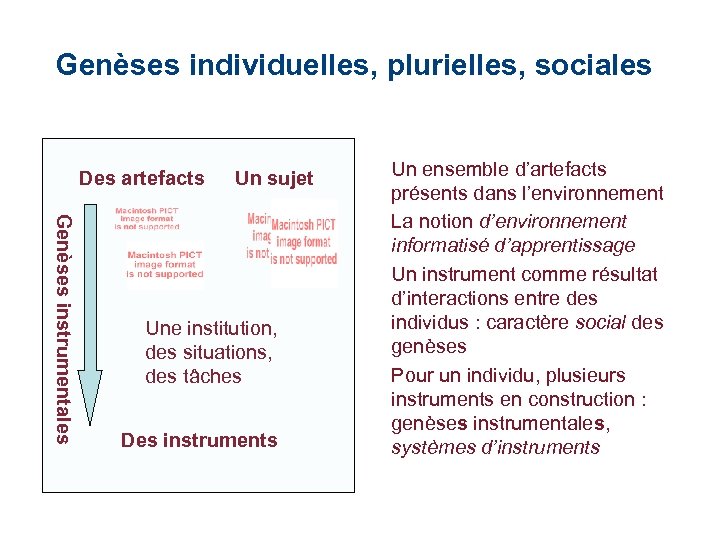 Genèses individuelles, plurielles, sociales Des artefacts Un sujet Genèses instrumentales Une institution, des situations,