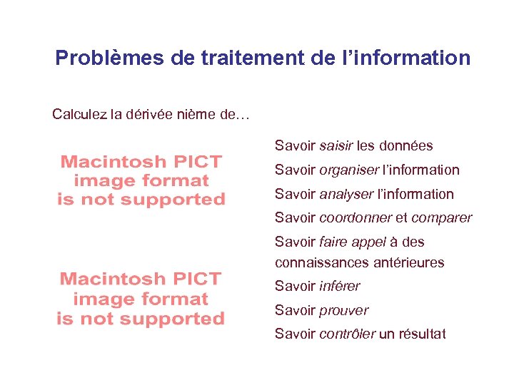 Problèmes de traitement de l’information Calculez la dérivée nième de… Savoir saisir les données