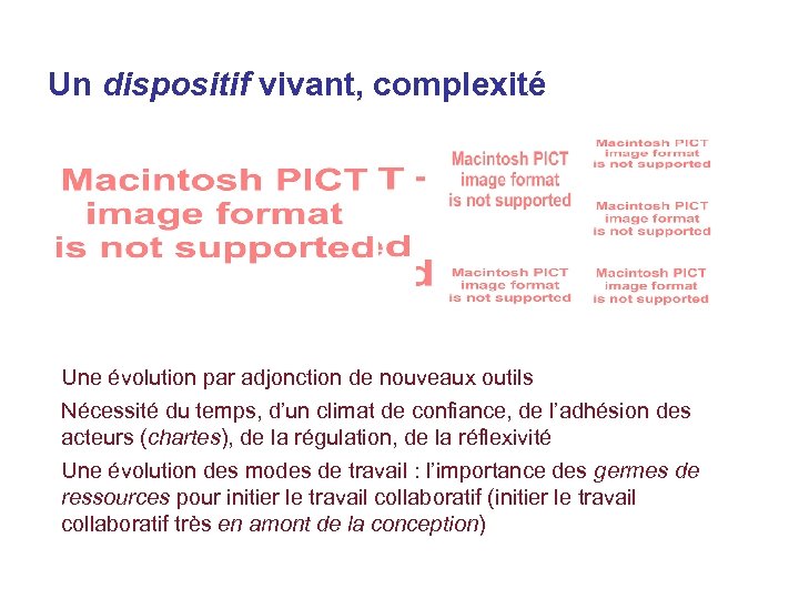Un dispositif vivant, complexité Une évolution par adjonction de nouveaux outils Nécessité du temps,