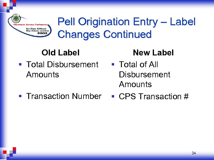 Pell Origination Entry – Label Changes Continued Old Label § Total Disbursement Amounts §