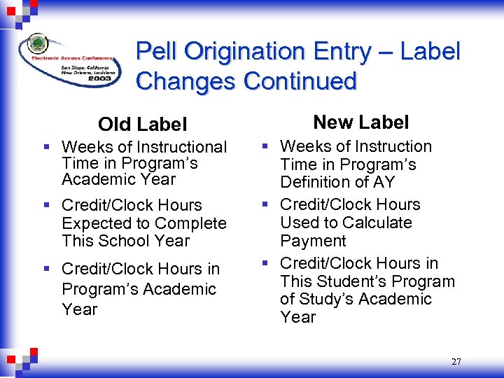 Pell Origination Entry – Label Changes Continued Old Label § Weeks of Instructional Time