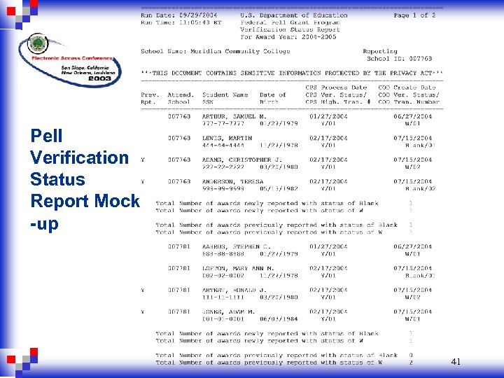 Pell Verification Status Report Mock -up 41 