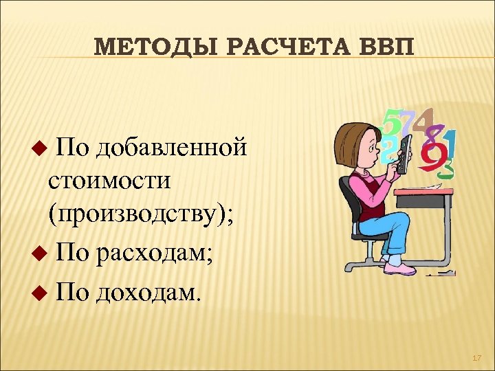 МЕТОДЫ РАСЧЕТА ВВП По добавленной стоимости (производству); u По расходам; u По доходам. u