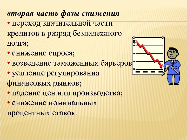 вторая часть фазы снижения • переход значительной части кредитов в разряд безнадежного долга; •