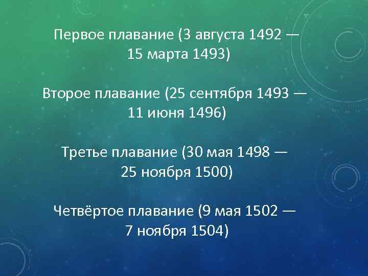 Первое плавание (3 августа 1492 — 15 марта 1493) Второе плавание (25 сентября 1493