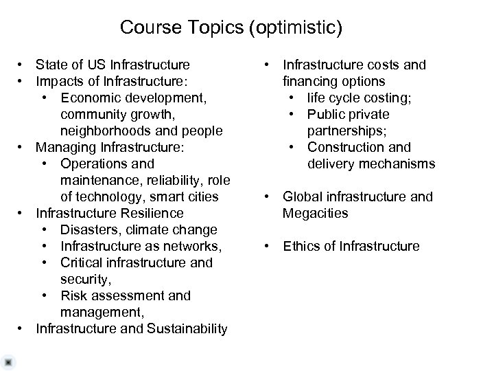 Course Topics (optimistic) • State of US Infrastructure • Impacts of Infrastructure: • Economic