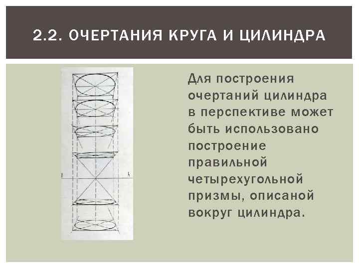 2. 2. ОЧЕРТАНИЯ КРУГА И ЦИЛИНДРА Для построения очертаний цилиндра в перспективе может быть