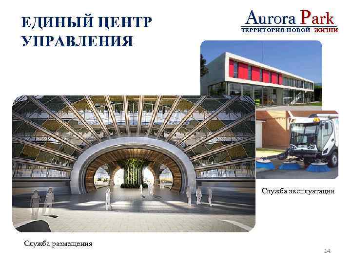 ЕДИНЫЙ ЦЕНТР УПРАВЛЕНИЯ Aurora Park ТЕРРИТОРИЯ НОВОЙ ЖИЗНИ Служба эксплуатации Служба размещения 14 