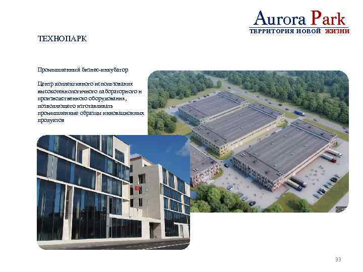 Aurora Park ТЕХНОПАРК ТЕРРИТОРИЯ НОВОЙ ЖИЗНИ Промышленный бизнес-инкубатор Центр коллективного использования высокотехнологичного лабораторного и