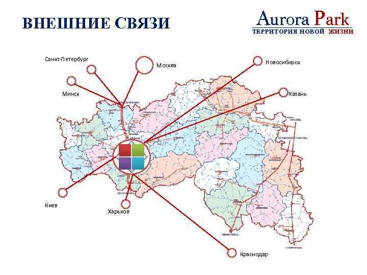 ВНЕШНИЕ СВЯЗИ Санкт-Петербург Москва Aurora Park ТЕРРИТОРИЯ НОВОЙ ЖИЗНИ Новосибирск Минск Киев Казань Харьков