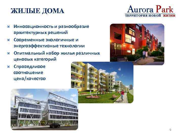 ЖИЛЫЕ ДОМА Aurora Park ТЕРРИТОРИЯ НОВОЙ ЖИЗНИ Инновационность и разнообразие архитектурных решений Современные экологичные