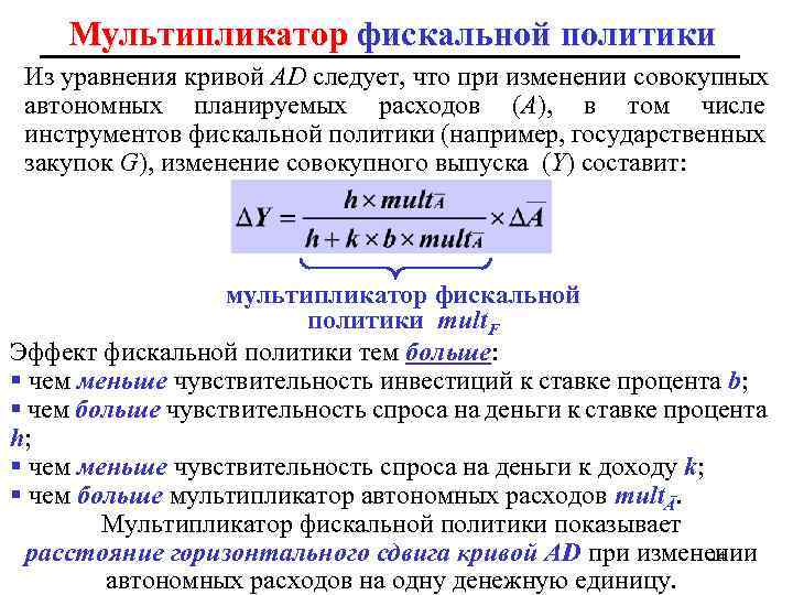 Мультипликатор фискальной политики Из уравнения кривой AD следует, что при изменении совокупных автономных планируемых