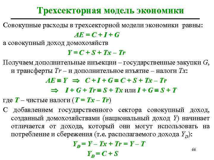 Трехсекторная модель экономики Совокупные расходы в трехсекторной модели экономики равны: АЕ = C +