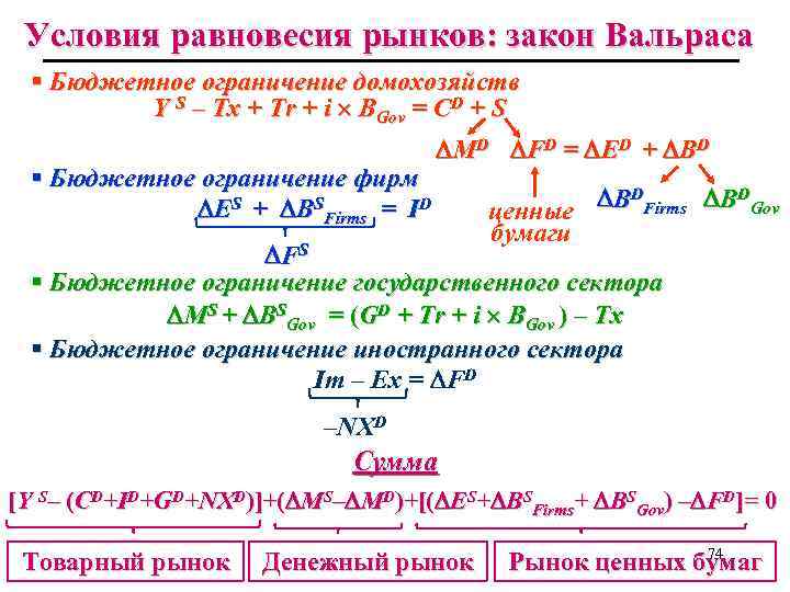 Условия равновесия рынков: закон Вальраса § Бюджетное ограничение домохозяйств Y S – Tx +