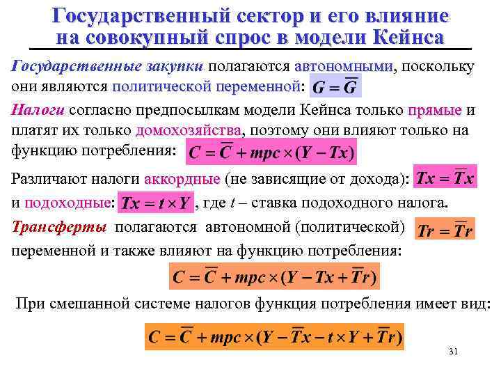 Государственный сектор и его влияние на совокупный спрос в модели Кейнса Государственные закупки полагаются