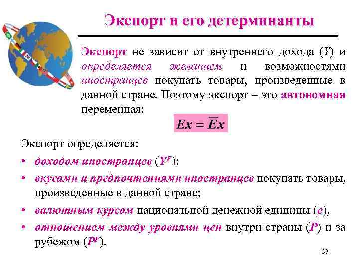 Экспорт и его детерминанты Экспорт не зависит от внутреннего дохода (Y) и определяется желанием