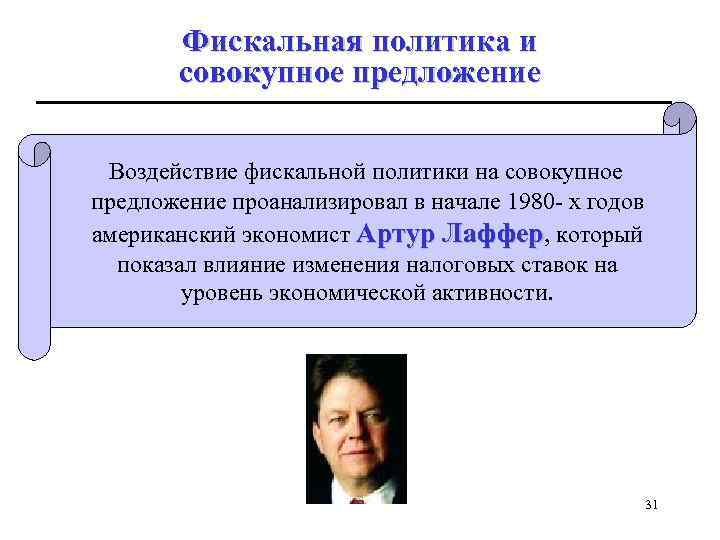 Фискальная политика и совокупное предложение Воздействие фискальной политики на совокупное предложение проанализировал в начале