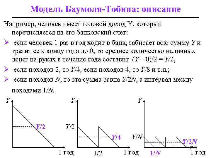 Модель Баумоля-Тобина: описание Например, человек имеет годовой доход Y, который перечисляется на его банковский