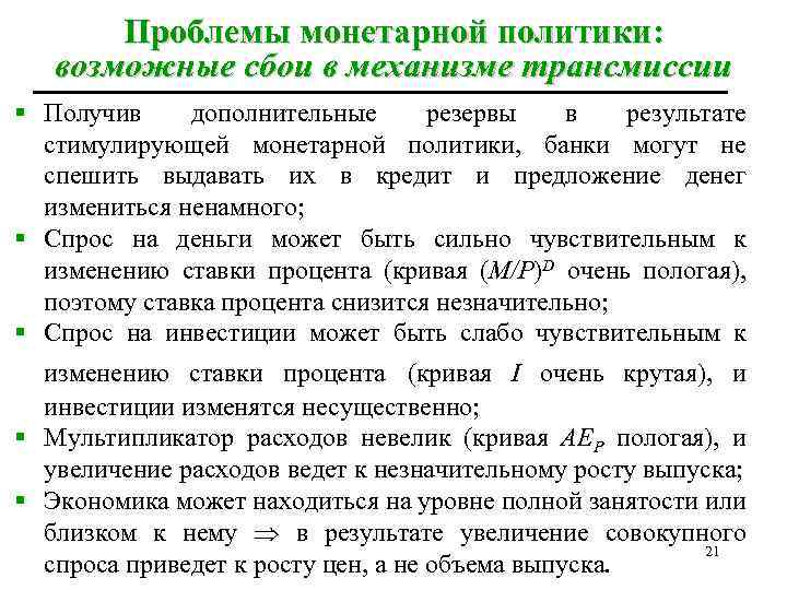 Проблемы монетарной политики: возможные сбои в механизме трансмиссии § Получив дополнительные резервы в результате