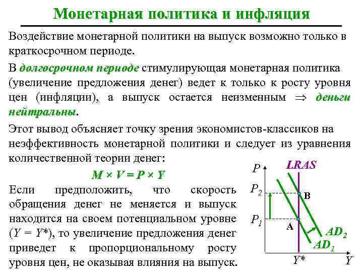 Монетарная политика и инфляция Воздействие монетарной политики на выпуск возможно только в краткосрочном периоде.