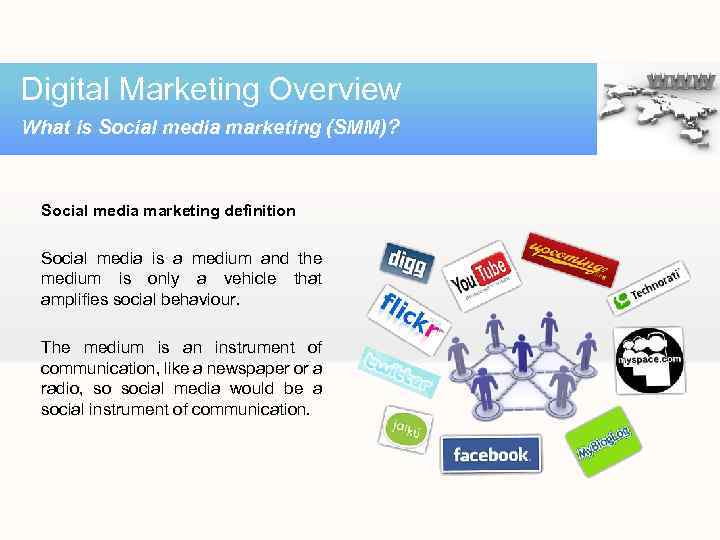 Digital Marketing Overview What is Social media marketing (SMM)? Social media marketing definition Social